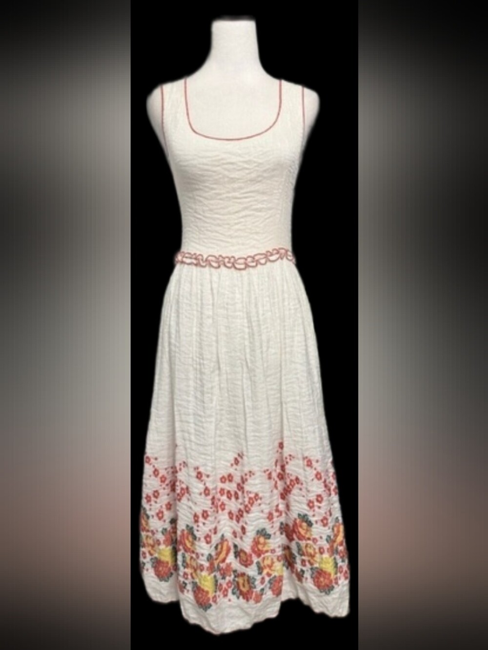 White Midi /Maxi Sundress with Coral and Yellow Floral Embroidery